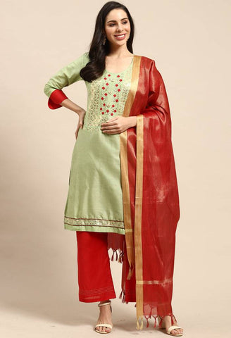 Green Pure Cotton Embroidered Unstitched Salwar Suit Material