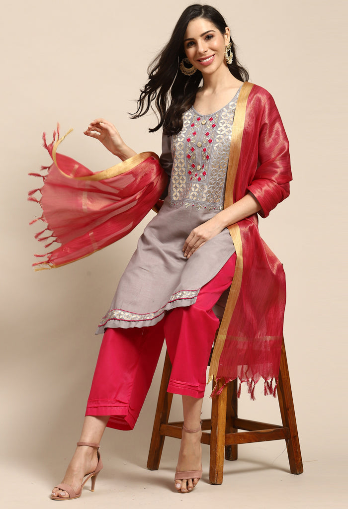 Grey Pure Cotton Embroidered Unstitched Salwar Suit Material
