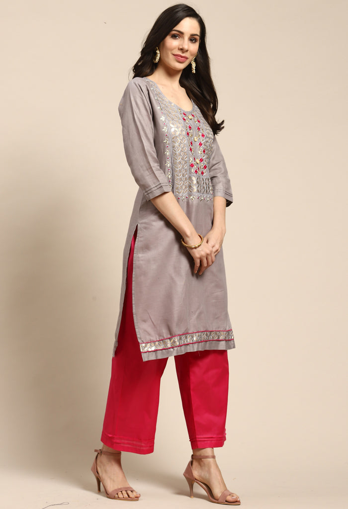 Grey Pure Cotton Embroidered Unstitched Salwar Suit Material