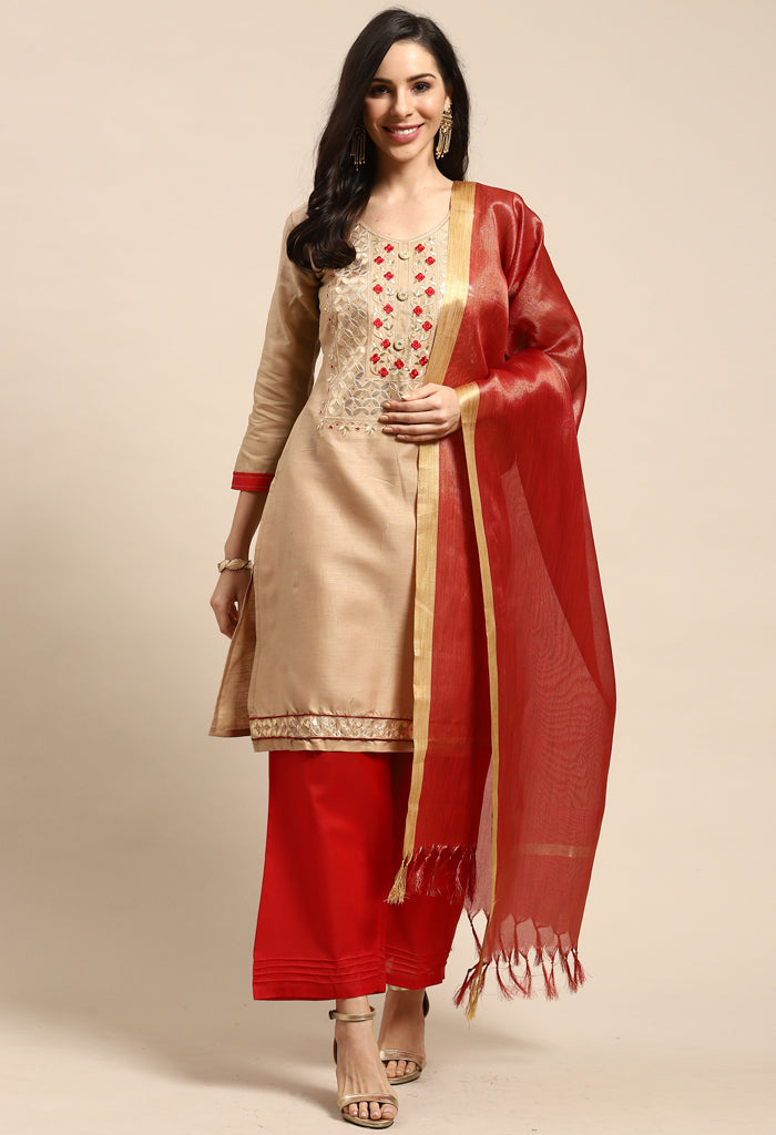 Tan Pure Cotton Embroidered Unstitched Salwar Suit Material