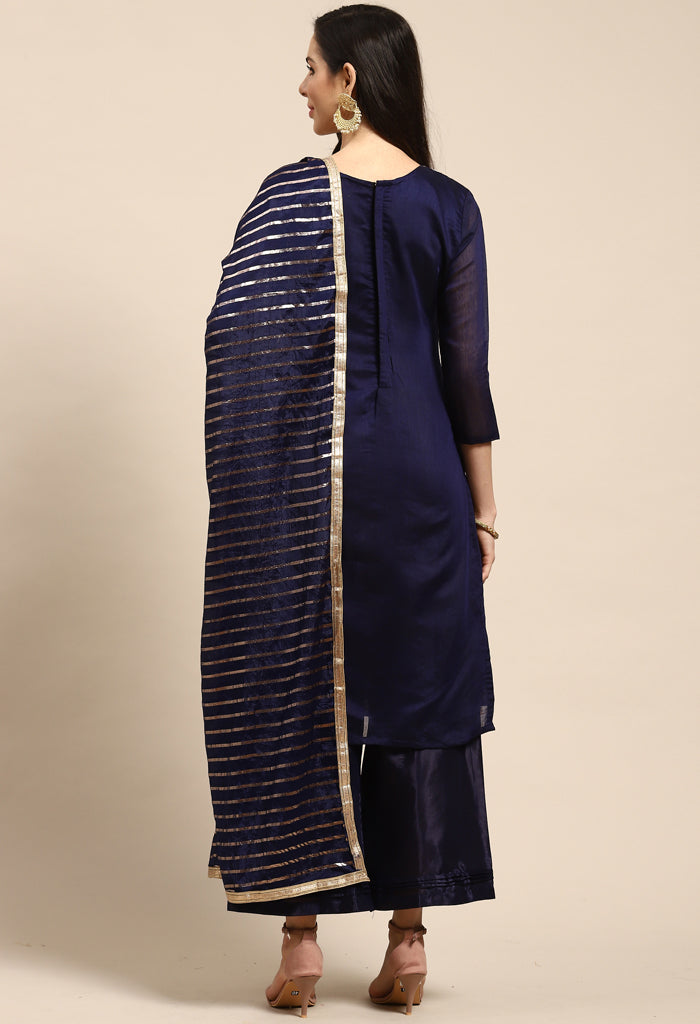 Navy Blue Chanderi Silk Embroidered Unstitched Salwar Suit Material