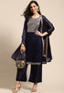 Navy Blue Chanderi Silk Embroidered Unstitched Salwar Suit Material