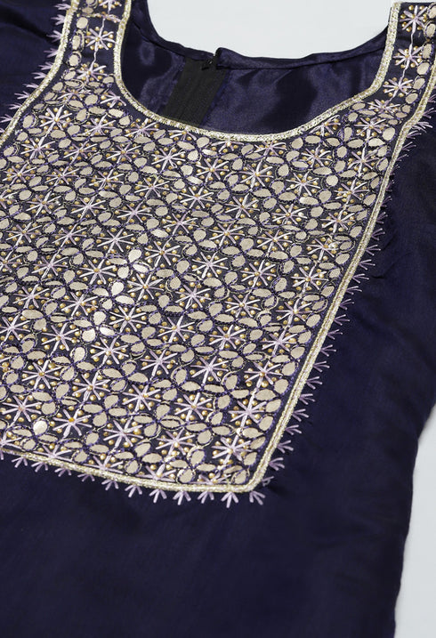 Navy Blue Chanderi Silk Embroidered Unstitched Salwar Suit Material