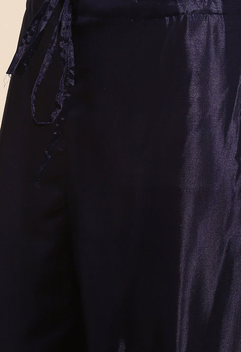 Navy Blue Chanderi Silk Embroidered Unstitched Salwar Suit Material