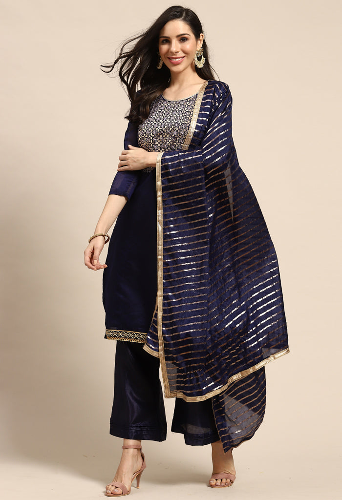 Navy Blue Chanderi Silk Embroidered Unstitched Salwar Suit Material