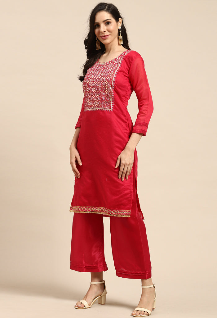 magenta Chanderi Silk Embroidered Unstitched Salwar Suit Material