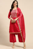 magenta Chanderi Silk Embroidered Unstitched Salwar Suit Material