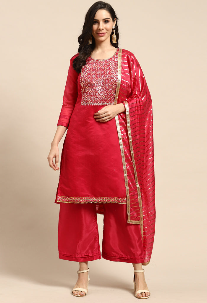 magenta Chanderi Silk Embroidered Unstitched Salwar Suit Material