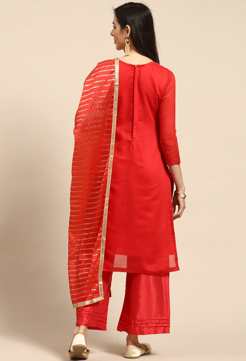 Red Chanderi Silk Embroidered Unstitched Salwar Suit Material