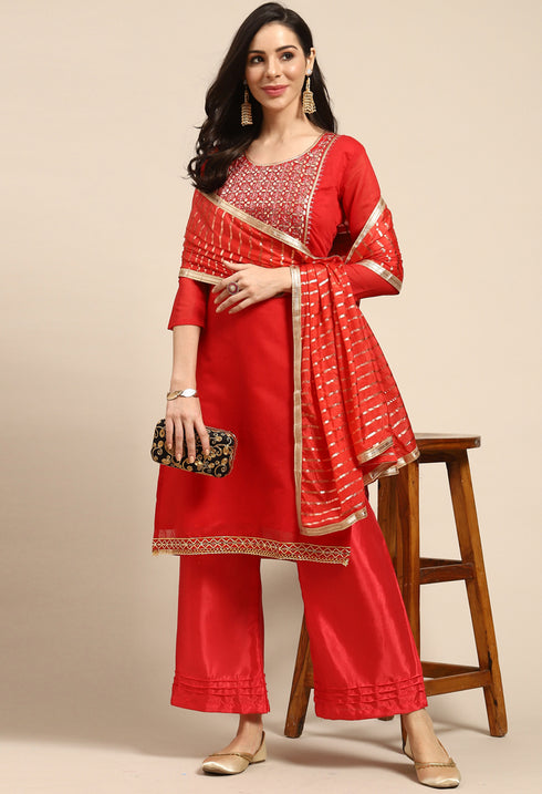 Red Chanderi Silk Embroidered Unstitched Salwar Suit Material