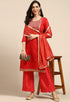 Red Chanderi Silk Embroidered Unstitched Salwar Suit Material