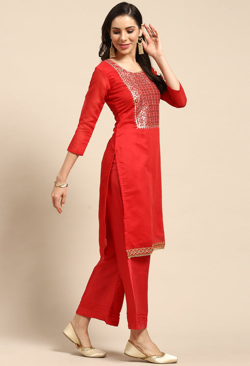 Red Chanderi Silk Embroidered Unstitched Salwar Suit Material
