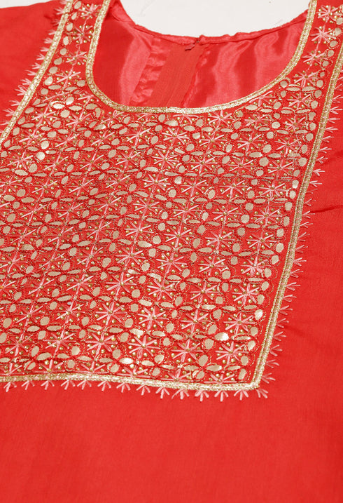 Red Chanderi Silk Embroidered Unstitched Salwar Suit Material