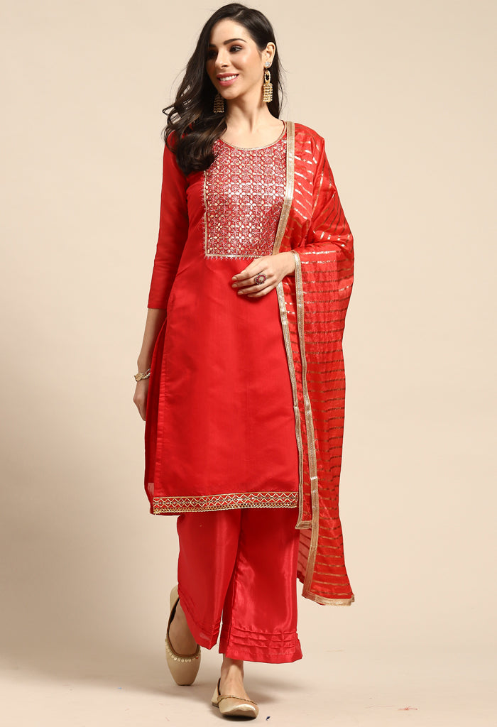 Red Chanderi Silk Embroidered Unstitched Salwar Suit Material