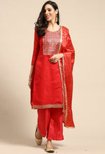 Load image into Gallery viewer, Red Chanderi Silk Embroidered Unstitched Salwar Suit Material
