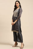 Grey Chanderi Silk Embroidered Unstitched Salwar Suit Material