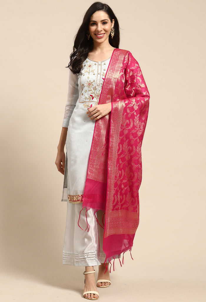 Light Blue Chanderi Silk Embellished Unstitched Salwar Suit Material