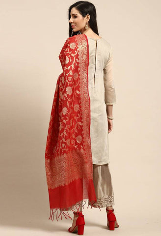 Beige Chanderi Silk Embellished Unstitched Salwar Suit Material
