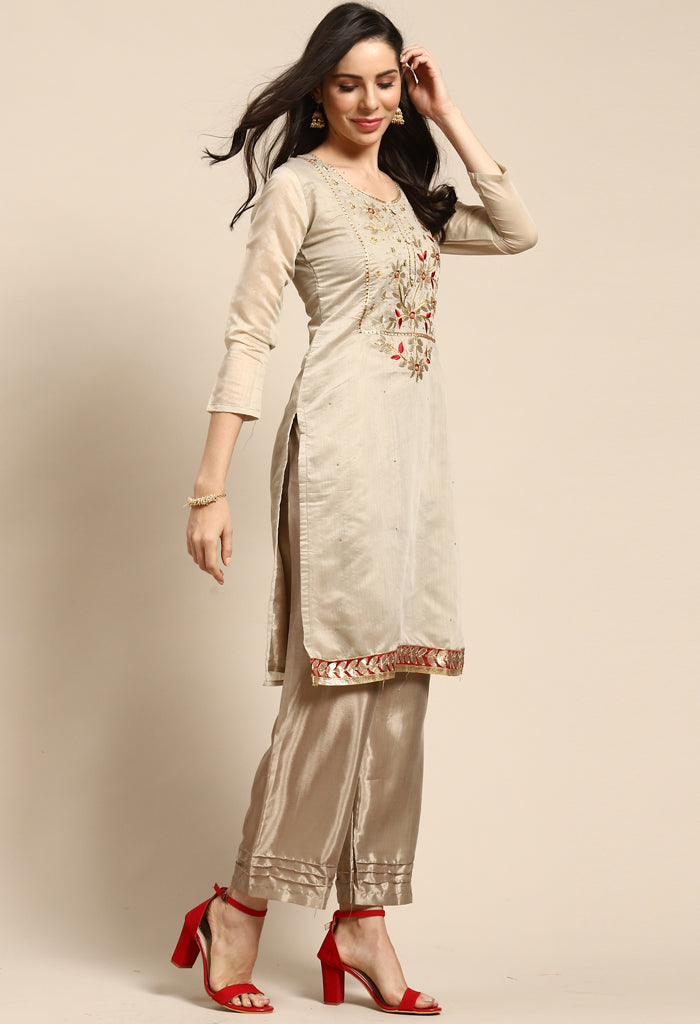 Beige Chanderi Silk Embellished Unstitched Salwar Suit Material - Rajnandini