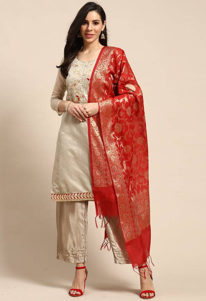Beige Chanderi Silk Embellished Unstitched Salwar Suit Material - Rajnandini