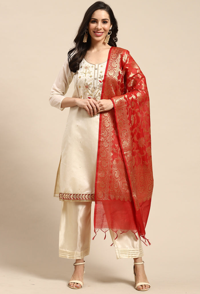 White Chanderi Silk Embellished Unstitched Salwar Suit Material