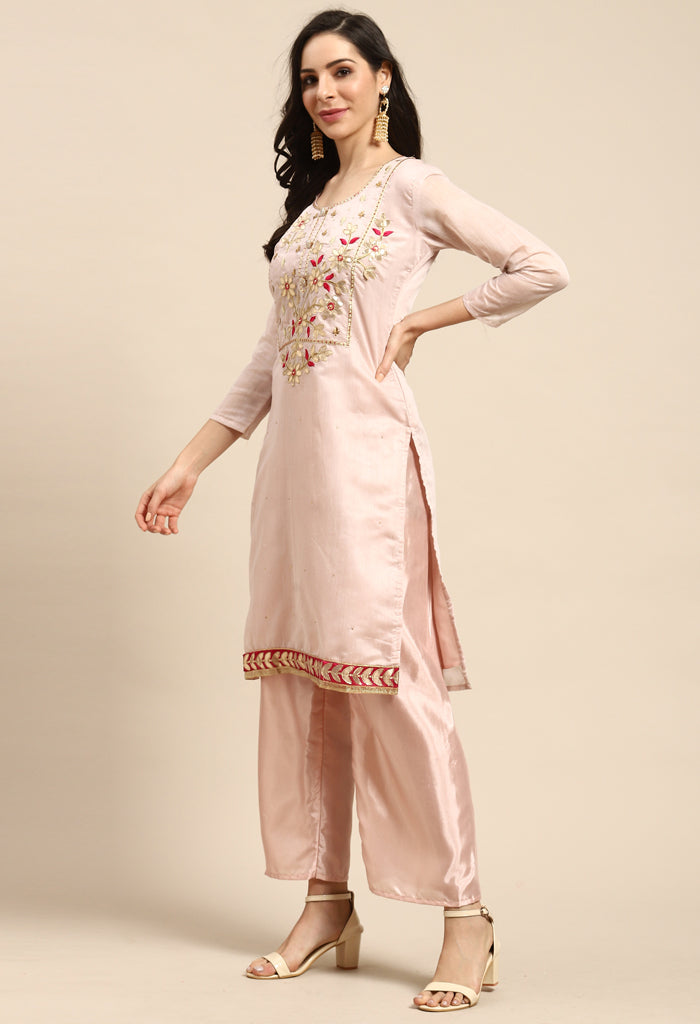 Light Pink Chanderi Silk Embellished Unstitched Salwar Suit Material