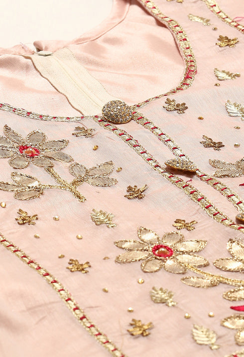 Light Pink Chanderi Silk Embellished Unstitched Salwar Suit Material