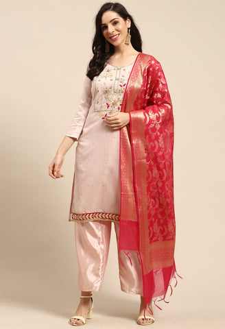 Light Pink Chanderi Silk Embellished Unstitched Salwar Suit Material