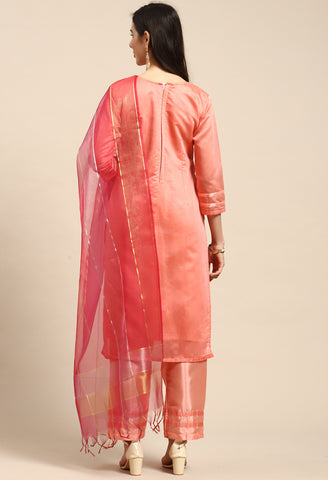 Peach Chanderi Silk Embellished Unstitched Salwar Suit Material