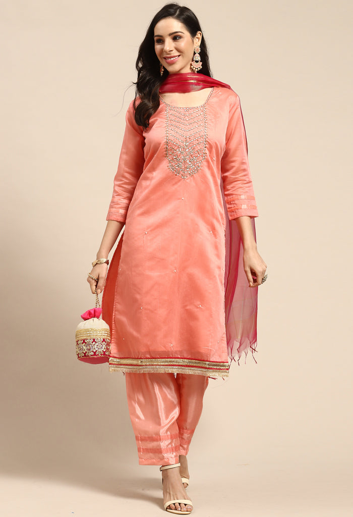 Peach Chanderi Silk Embellished Unstitched Salwar Suit Material