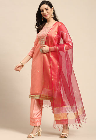 Peach Chanderi Silk Embellished Unstitched Salwar Suit Material