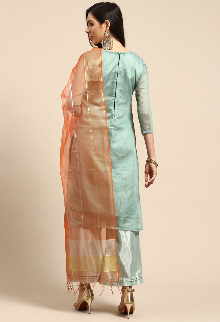 Green Chanderi Silk Embellished Unstitched Salwar Suit Material