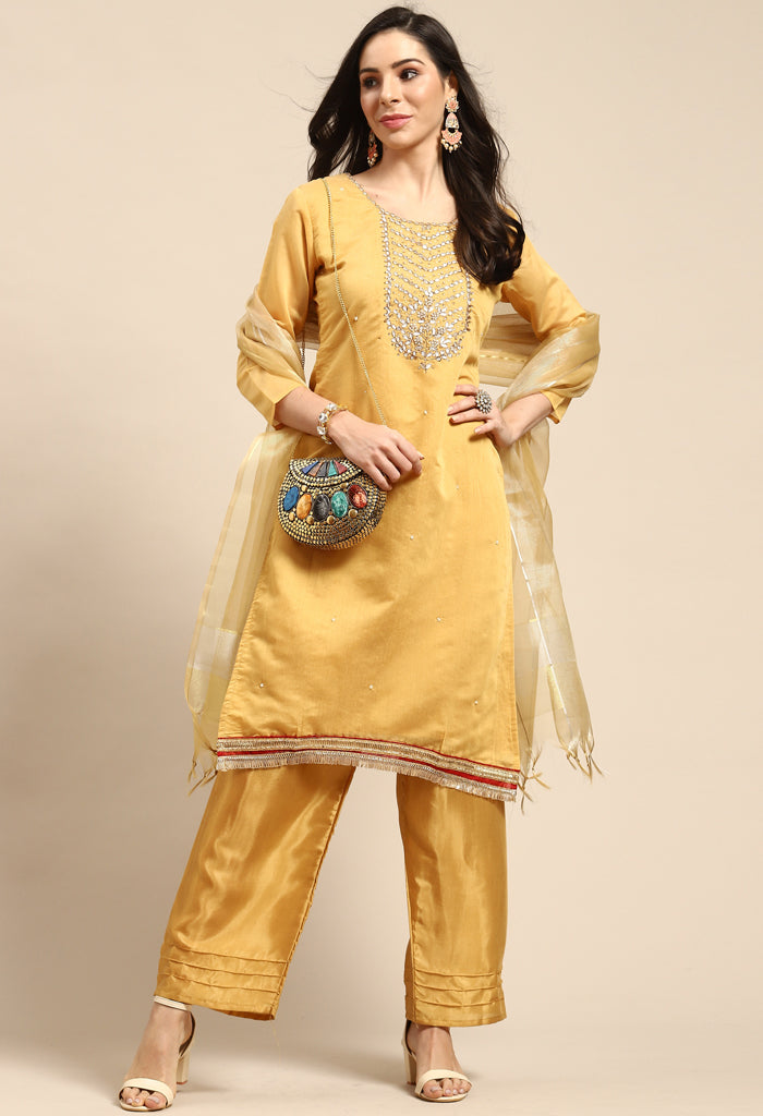 Yellow Chanderi Silk Embellished Unstitched Salwar Suit Material