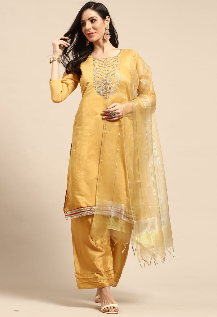 Yellow Chanderi Silk Embellished Unstitched Salwar Suit Material
