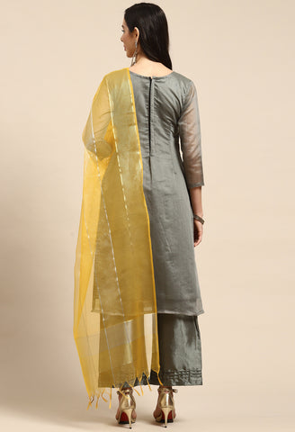 Grey Chanderi Silk Embellished Unstitched Salwar Suit Material