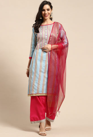 Sky Blue Cotton Embroidered Unstitched Salwar Suit Material