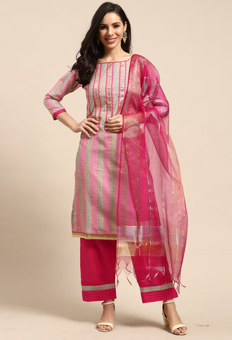 Pink Cotton Embroidered Unstitched Salwar Suit Material