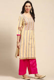 Beige Cotton Embroidered Unstitched Salwar Suit Material