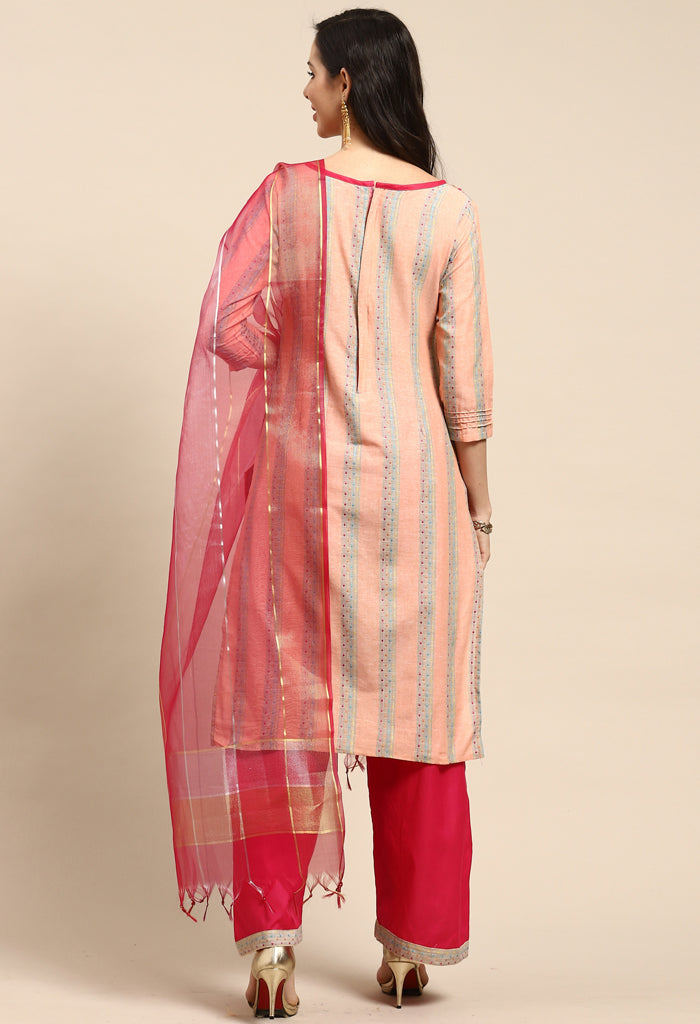 Peach Cotton Embroidered Unstitched Salwar Suit Material