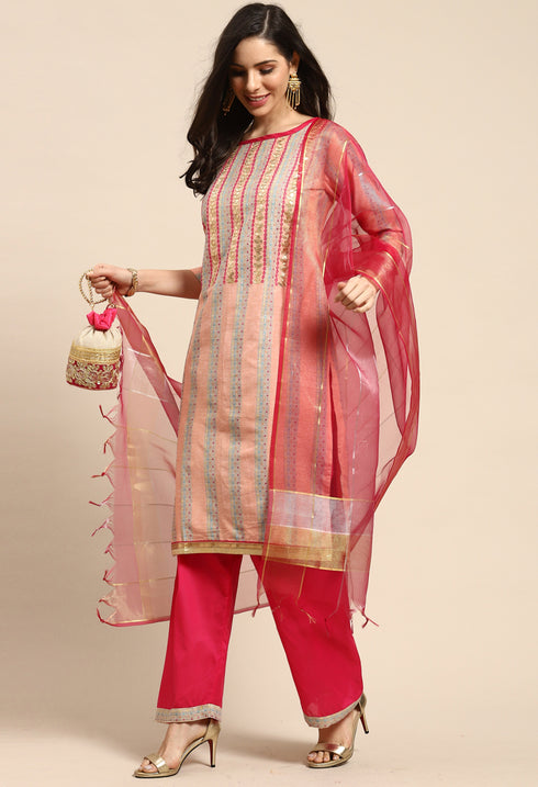 Peach Cotton Embroidered Unstitched Salwar Suit Material