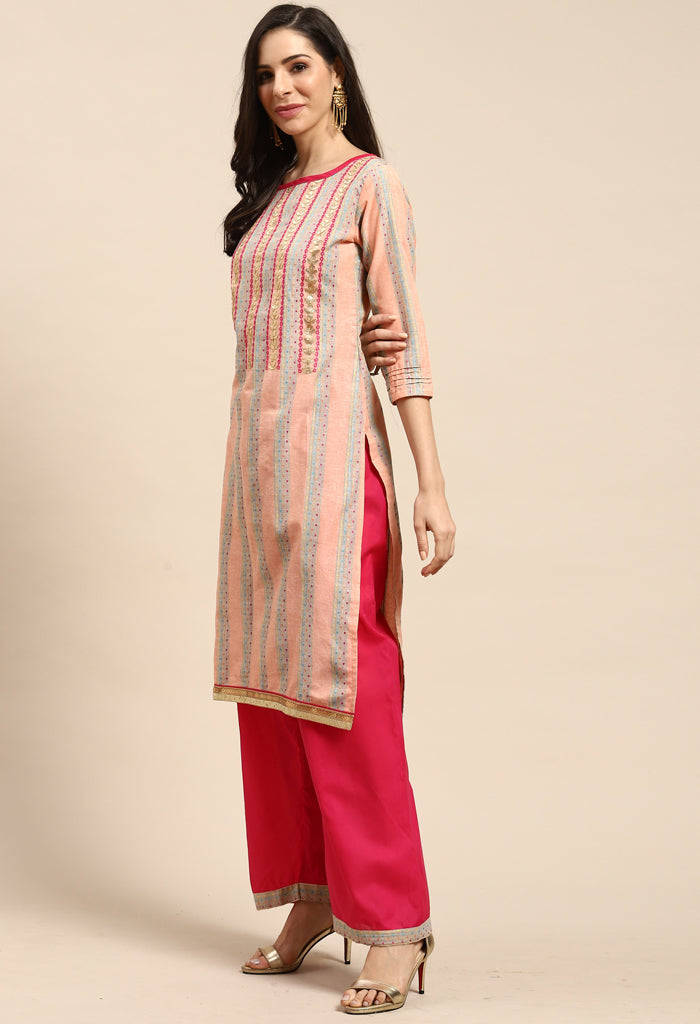 Peach Cotton Embroidered Unstitched Salwar Suit Material