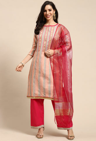 Peach Cotton Embroidered Unstitched Salwar Suit Material