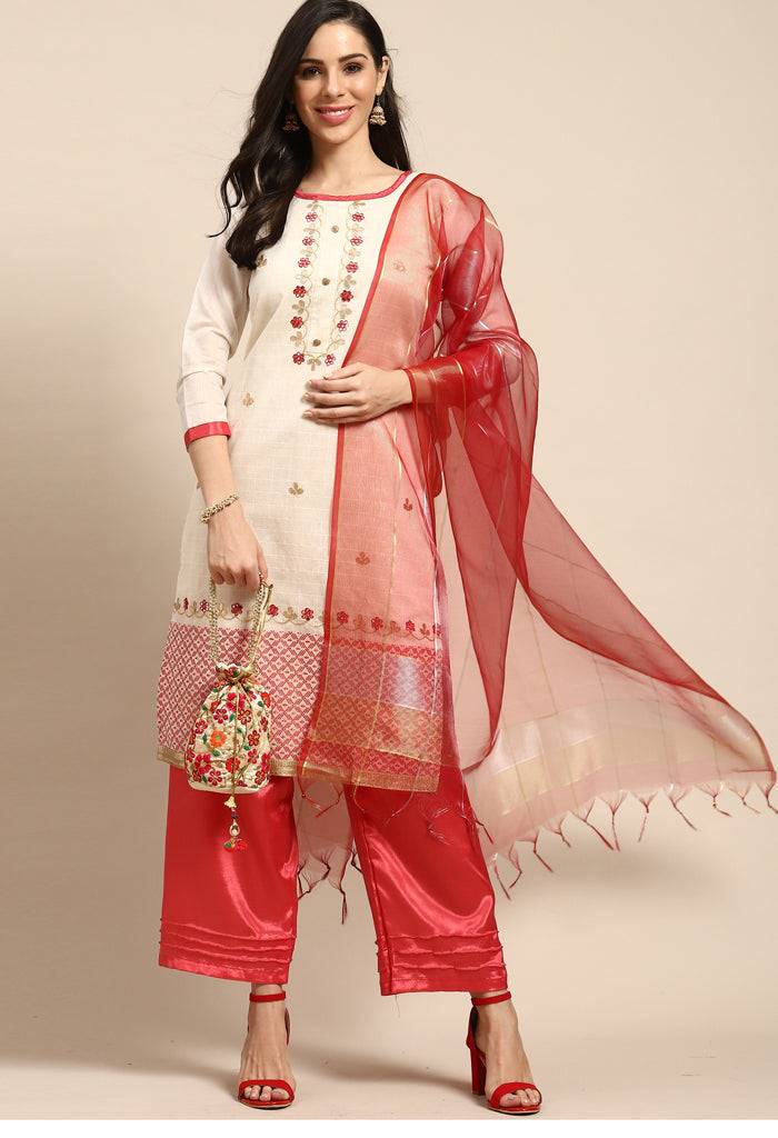 Beige And Red Chanderi Silk Embroidered Unstitched Salwar Suit Material - Rajnandini