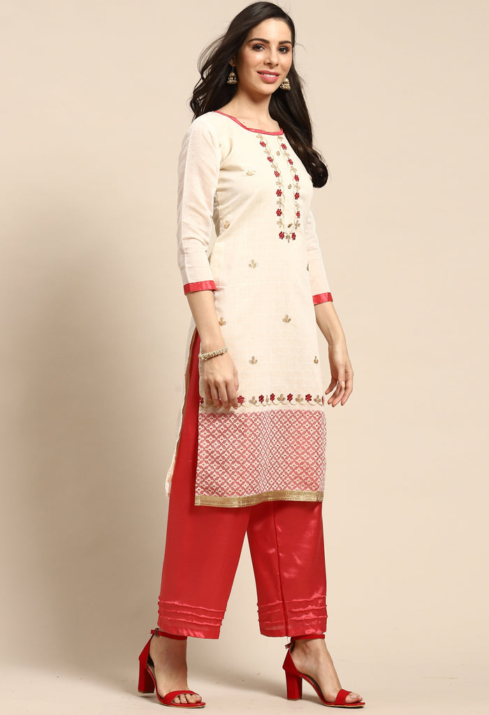 Beige And Red Chanderi Silk Embroidered Unstitched Salwar Suit Material - Rajnandini