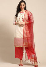 Load image into Gallery viewer, Beige And Red Chanderi Silk Embroidered Unstitched Salwar Suit Material - Rajnandini