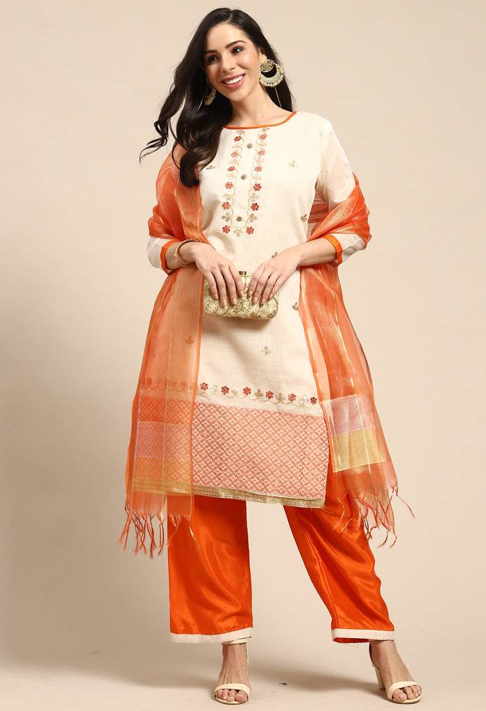 Beige And Orange Chanderi Silk Embroidered Unstitched Salwar Suit Material - Rajnandini