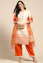 Load image into Gallery viewer, Beige And Orange Chanderi Silk Embroidered Unstitched Salwar Suit Material - Rajnandini