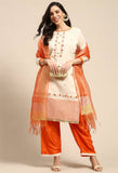 Beige And Orange Chanderi Silk Embroidered Unstitched Salwar Suit Material