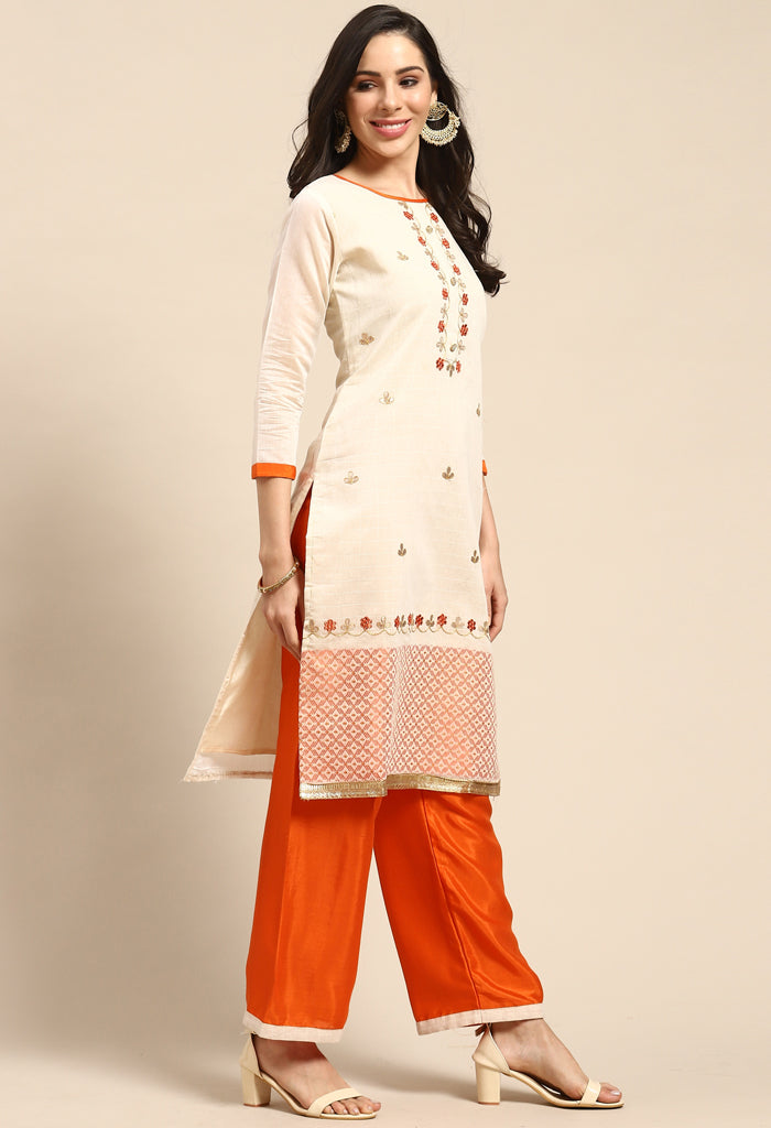 Beige And Orange Chanderi Silk Embroidered Unstitched Salwar Suit Material - Rajnandini