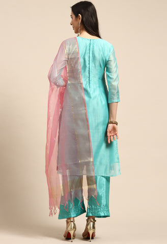 Sea Green Chanderi Silk Embellished Unstitched Salwar Suit Material